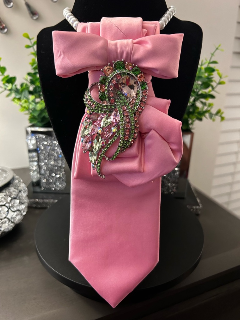 Pink Satin Bow Tie with Pink & Green Jeweled Brooch